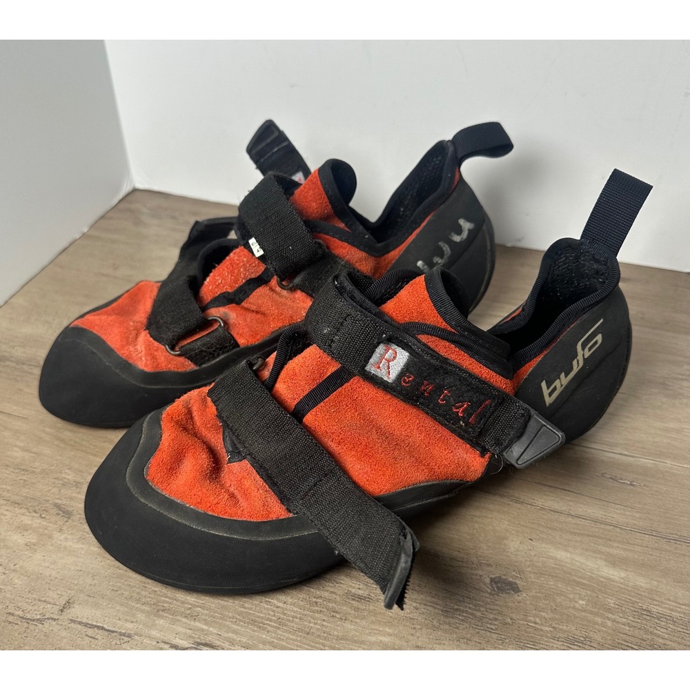 Bufo Rental Rock Climbing Shoes Orange Black‎ Suede Hook Loop EUR 47 UK 12